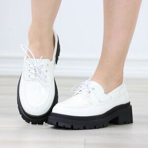 Womens Chunky Penny Loafer Lug Sole Slip On Platform White Patent Lace Up